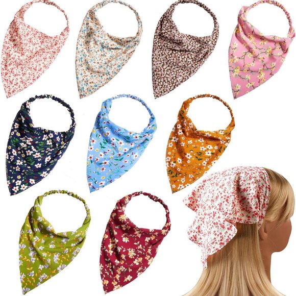 9Pcs Floral Chiffon Headbands Triangle Hair Scarves Clips for Women Girls - Picture 1 of 7